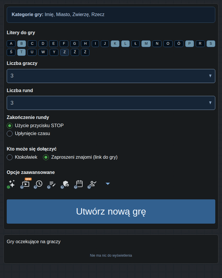 Formularz tworzenia gry