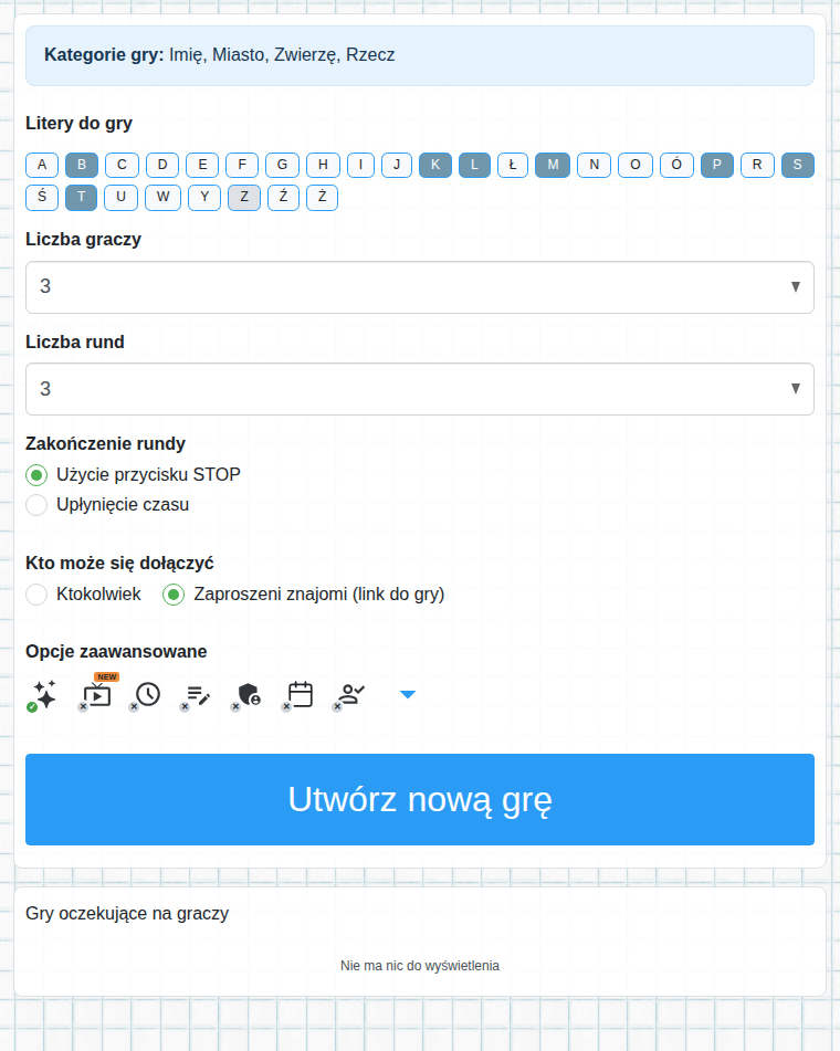 Formularz tworzenia gry