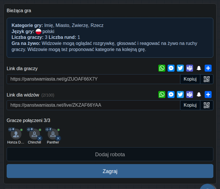 Lobby z linkiem dla widzów