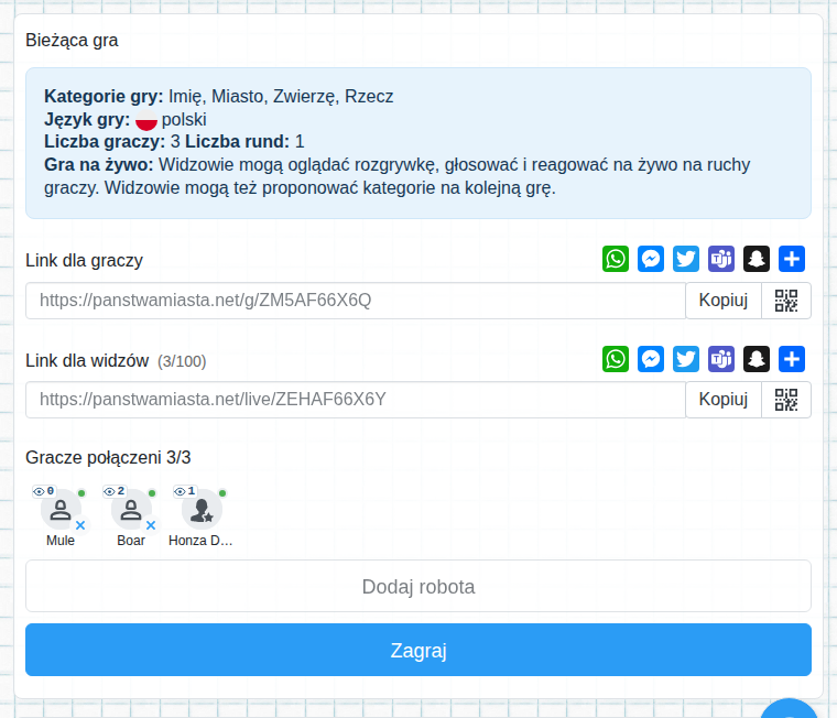 Lobby z linkiem dla widzów